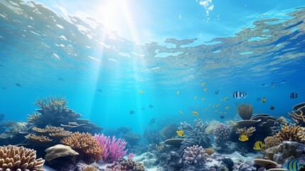 Naklejka na ściany i meble scuba diving in tropical ocean coral reef sea under water, scuba diver, diver, swim, caribbean, fiji, maldives, snorkel, marine life, aquatic, aqua blue, dive.