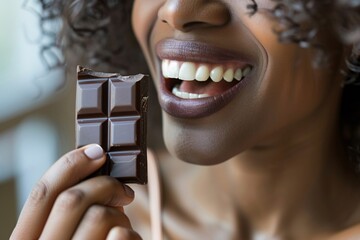 Extreme close-up of a woman savoring a piece of dark chocolate