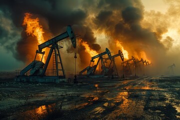 The dramatic scene of industrial oil pumps on fire projects dangers of fuel extraction and environmental risks