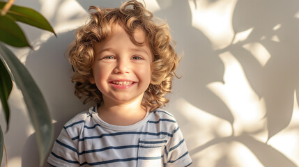 A cute smilling 4-5 year old kid against a white wall. A boy is wearing denim jeans and a striped T-shir. Generative AI