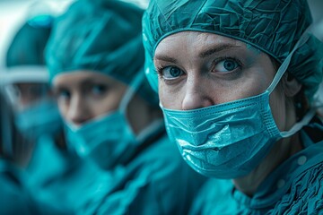 Image of a focused medical team in blue surgical gear, depicting professionalism and teamwork