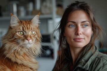 A close-up portrait of a young woman and her ginger cat both looking into the camera with a soft background