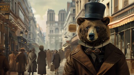 Surreal Gentleman Bear Dressed in Europe Vintage Attire Takes a Stroll in Paris