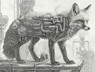 Futuristic Mechanical Fox Design. Hybrid Biomechanical Animal Concept Art in Sci-Fi Style