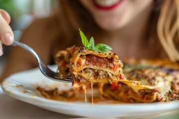 Detailed close-up of a woman relishing a forkful of savory lasagna - obrazy, fototapety, plakaty