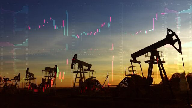 Oil pumps silhouette at sunset on background of stock charts. Industry energy power. Business financial concept, 4k