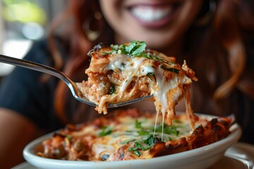 Detailed close-up of a woman relishing a forkful of savory lasagna - obrazy, fototapety, plakaty