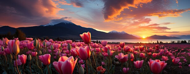 beautiful blooming tulips under sunset sky at spring
