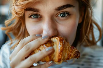 Detailed close-up of a woman munching on a crunchy, buttery croissant - obrazy, fototapety, plakaty
