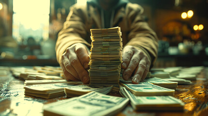 A man is holding a stack of money on a table. Concept of wealth 