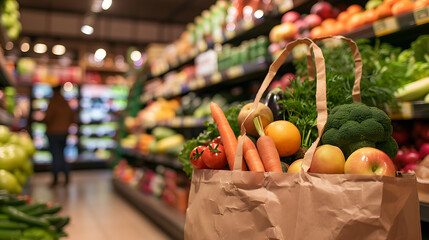 a brown paper bag filled with an assortment of fresh fruits and vegetables. The bag is overflowing with colorful produce