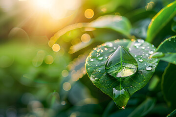 Spring summer background with dewdrops on leaves - 785763500