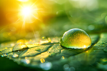 Spring summer background with dewdrops on leaves - 785763516