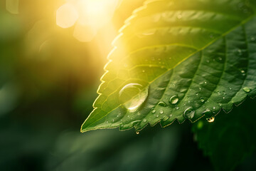 Spring summer background with dewdrops on leaves