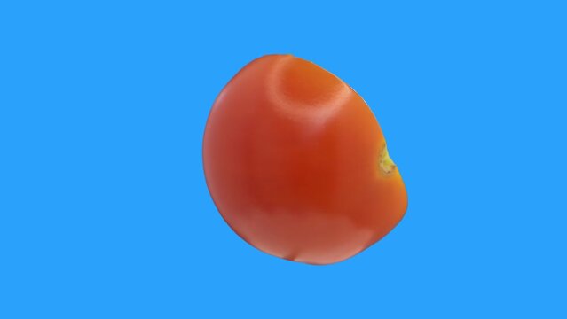 Half a cherry tomato twists and spins around on a 