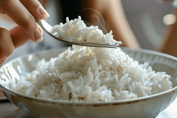 Detailed close-up of a person relishing a forkful of fragrant jasmine rice