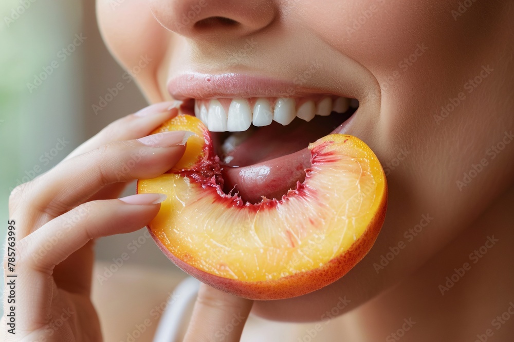 Wall mural close-up of a woman's mouth biting into a piece of ripe peach - Wall murals