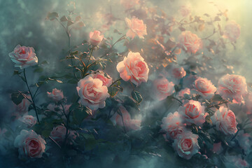 Captivating digital art of a delicate rose garden in full bloom, blending realism with fantasy....