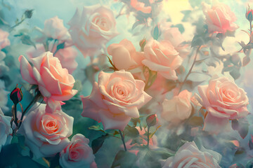 Captivating digital art of a delicate rose garden in full bloom, blending realism with fantasy. Soft pastel hues evoke enchantment and wonder.