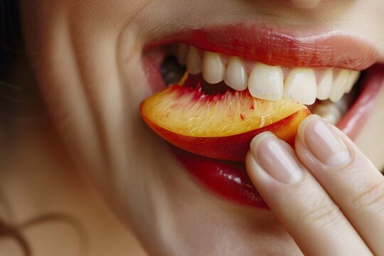 Close-up of a woman's mouth biting into a piece of ripe peach