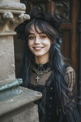A smiling teenager girl dressed in Gothic style 04