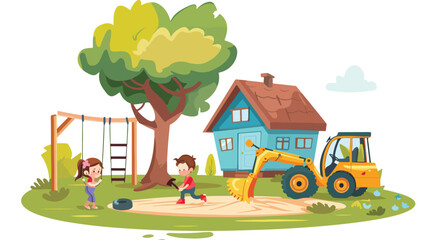 Backyard with kids boy and girl playing with excavator