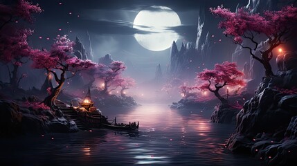 Moonlit oriental landscape with blooming sakura cherry trees and floating petals