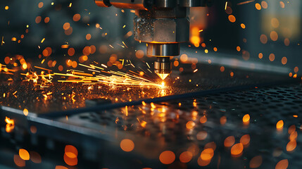 a CNC machine in action, cutting through metal with precision. The scene is dramatic, illuminated by bright orange and yellow sparks