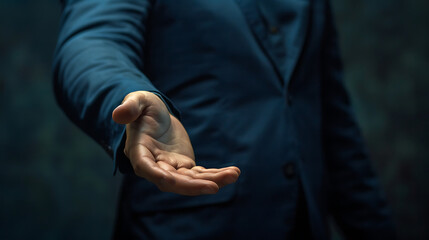 This image depicts a person in a blue suit, extending an open hand against a dark background.