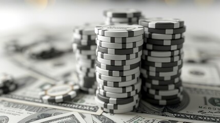 High stacks of casino chips on blurred dollar bills background