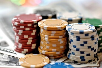 Stacks of casino chips with cash on white background