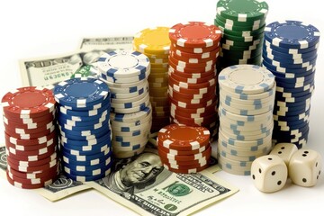 Stacks of casino chips with dices and cash on white background
