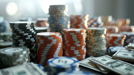 Casino chips and bundles of cash on a table