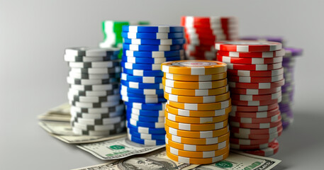 Stacks of casino chips with cash on white background