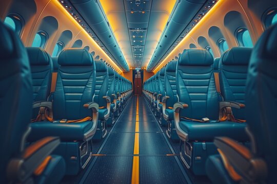 A high-quality image showcasing the modern interior of an airplane cabin with atmospheric blue lighting and comfortable seats