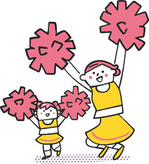 ポンポンを振って応援するチアリーディングの親子　イラスト素材
