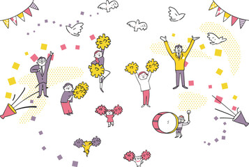 ポンポンを振って応援する人々　イラスト素材
