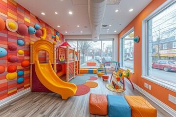 Dynamic playroom designed for child engagement, with interactive games, a vibrant slide, and...