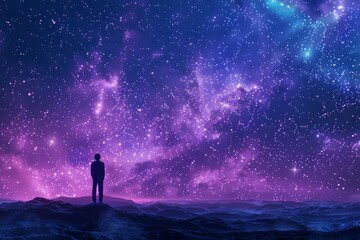 A person standing on the horizon, gazing at an expanse of stars Generative AI