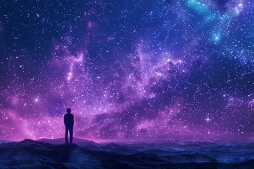 Zelfklevend Fotobehang A person standing on the horizon, gazing at an expanse of stars Generative AI © SKIMP Art