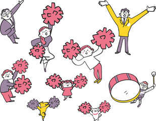 ポンポンを振って応援する人々　やや俯瞰図　イラスト素材
