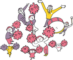 ポンポンを振って応援する人々　やや俯瞰図　イラスト素材
