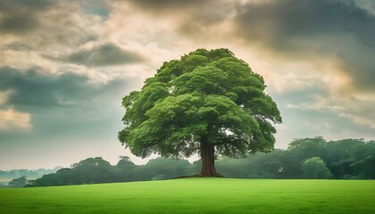 A lush green field with a large tree in the foreground and a small tree in the background