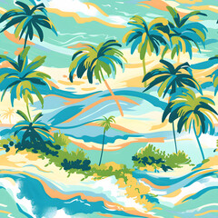 Fototapeta na wymiar Beach with palm trees Landscape Seamless Pattern background Illustration. Design for fashion,fabric,web,wallaper,wrapping