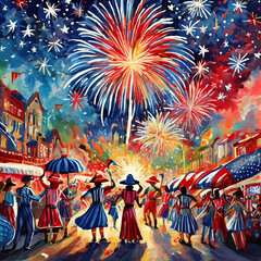 Illustration of a parade and fireworks on the 4th of July  - obrazy, fototapety, plakaty