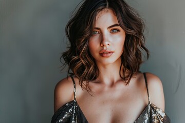 portrait of a beautiful women with medium length hair in a dress with a plunging neckline - obrazy, fototapety, plakaty