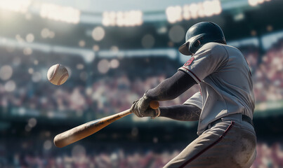 A close-up action shot of a worn baseball mid-flight with dirt particles scattering against a blurred backdrop of a focused batter ready to swing. - obrazy, fototapety, plakaty