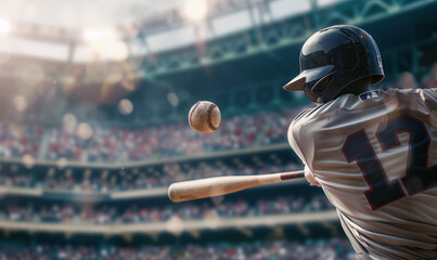 A close-up action shot of a worn baseball mid-flight with dirt particles scattering against a blurred backdrop of a focused batter ready to swing.