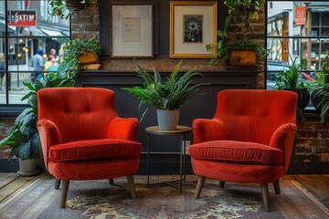 Inviting interior setting featuring two plush red armchairs, greenery, and eclectic decor