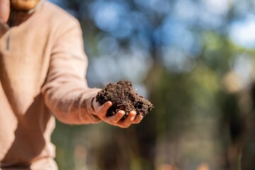 regenerative organic farmer, taking soil samples and looking at plant growth in a farm. practicing...